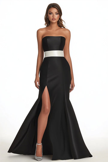 Black Mermaid Satin Strapless Long Formal Dress with Slit